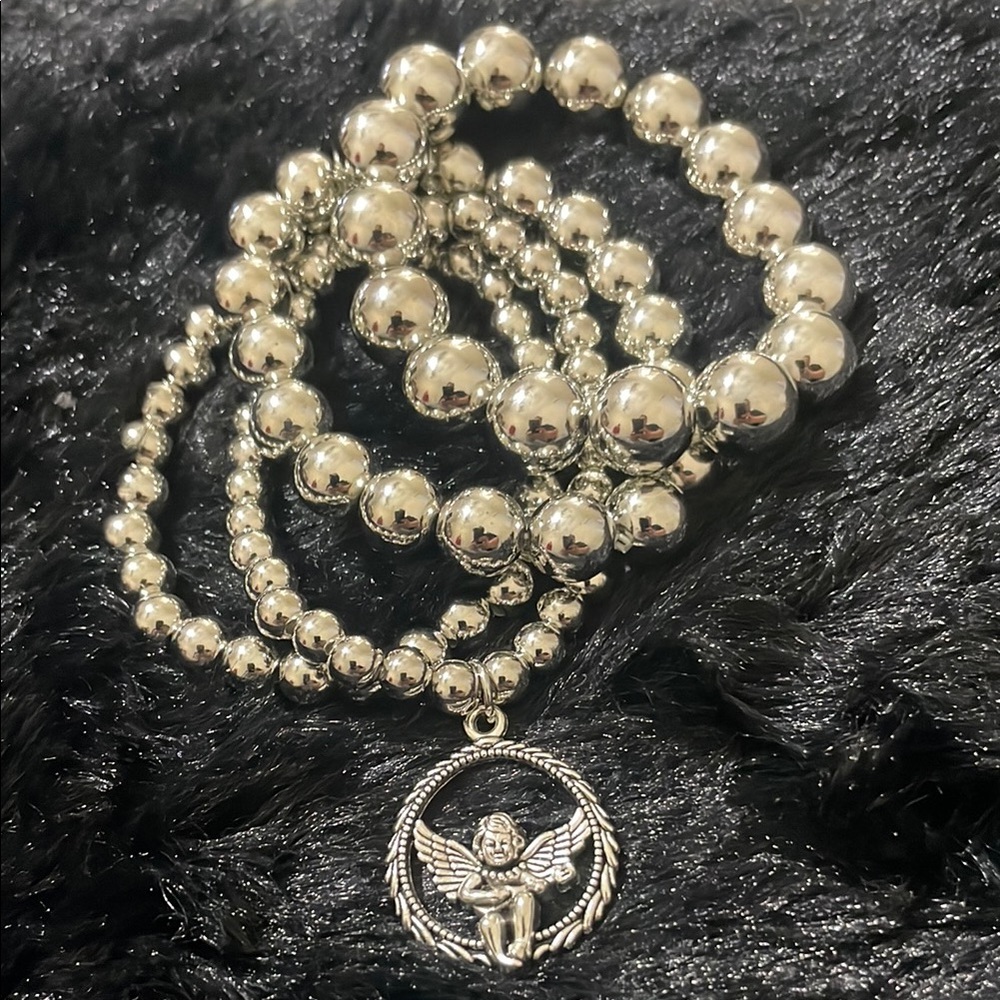 Silver Beaded Angel Charm Bracelet
